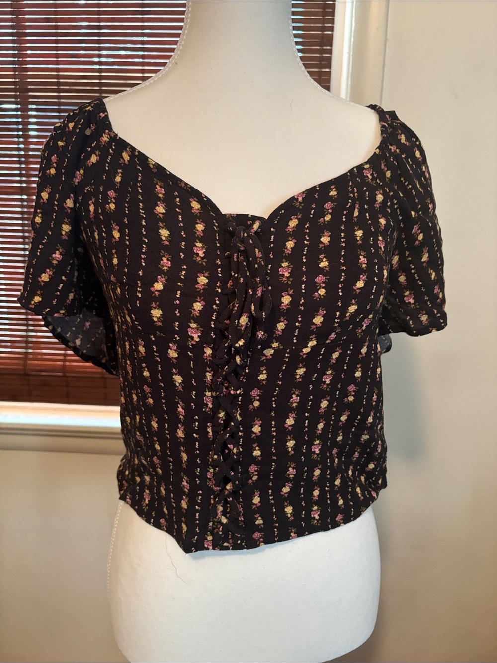 SO Black Floral Lace-Up Peasant Top with Pink & Yellow Accents
